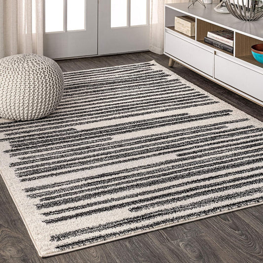 JONATHAN Y MOH207A-8 Khalil Modern Berber Stripe Indoor Farmhouse Area-Rug Bohemian Minimalistic Striped Easy-Cleaning Bedroom Kitchen Living Room Non Shedding, 8 X 10, Cream,Black - Retail $122