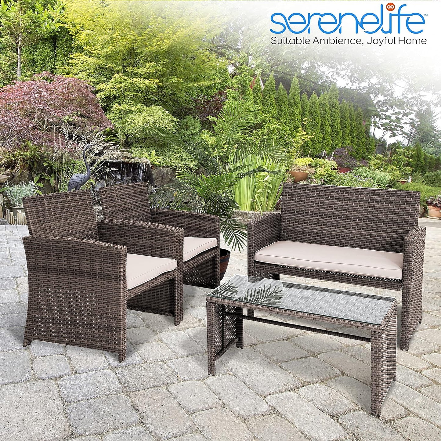 NEW - SereneLife Porch Furniture 4 Piece Accessories and Decor Outdoor, Balcony Patio Conversation, Bistro Set, PE Rattan Wicker Chairs w/Soft Cushion & Glass Coffee Table-SLOTFX5, Brown - Retail $218