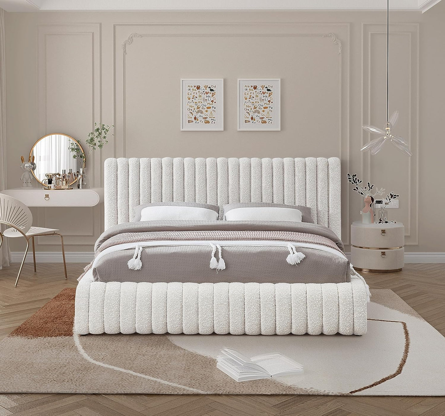 Meridian Furniture NashCream-F Nash Collection Modern | Contemporary Boucle Fabric Upholstered Full Bed with Rich Cream Boucle Fabric and Deep Channel Tufting, 68" W x 86" D x 38" H, Cream, Full