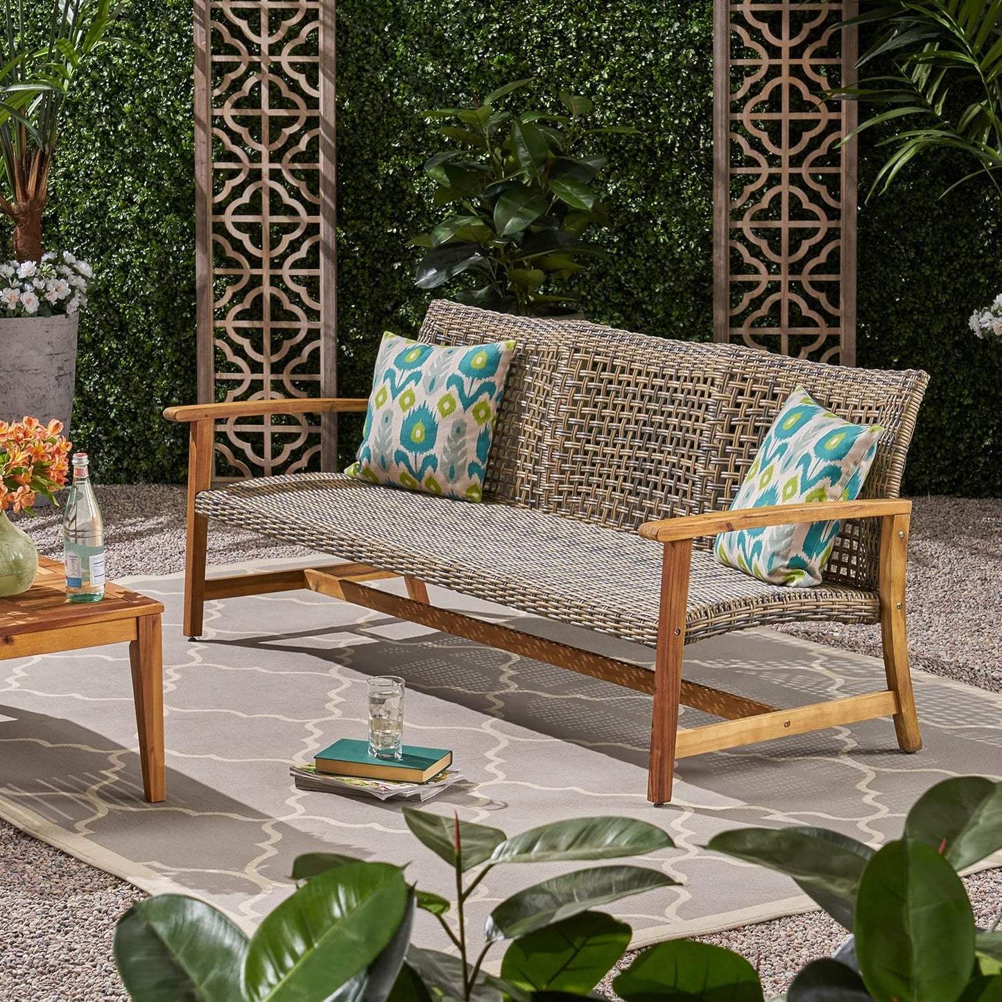 NEW - Christopher Knight Home Marcia Outdoor Wood Sofa, Wicker, 75.50 x 31.00 x 31.50, Gray, Natural Stained Finish