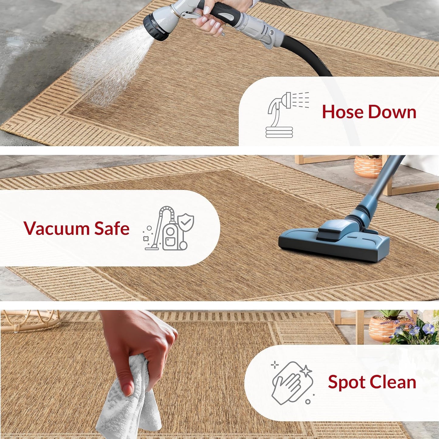 NEW - nuLOOM 10' x 12' Outdoor Area Rug, Casual Design With Striped Border, Stain Resistant, Highly Durable, For Patio, Balcony, Bedroom, Living Room, Dining Room, Bathroom, Light Brown