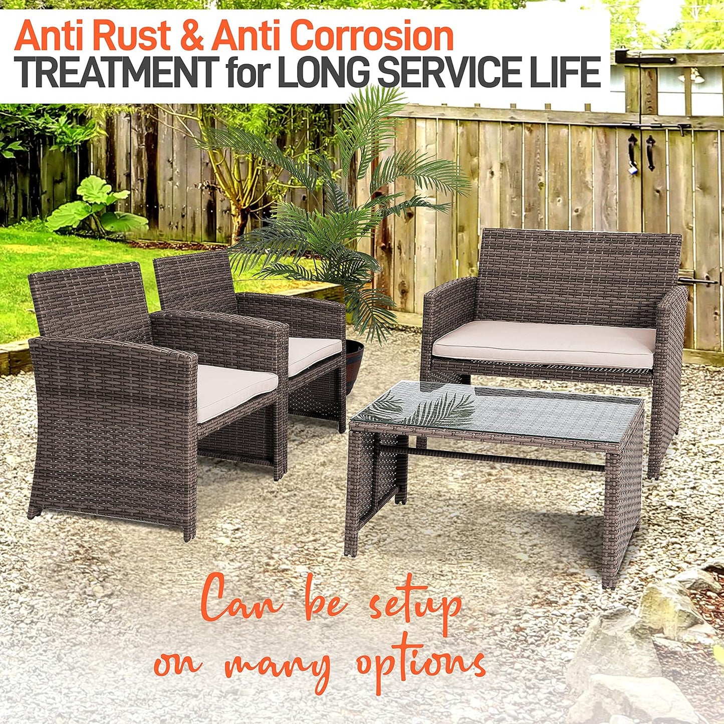 NEW - SereneLife Porch Furniture 4 Piece Accessories and Decor Outdoor, Balcony Patio Conversation, Bistro Set, PE Rattan Wicker Chairs w/Soft Cushion & Glass Coffee Table-SLOTFX5, Brown - Retail $218
