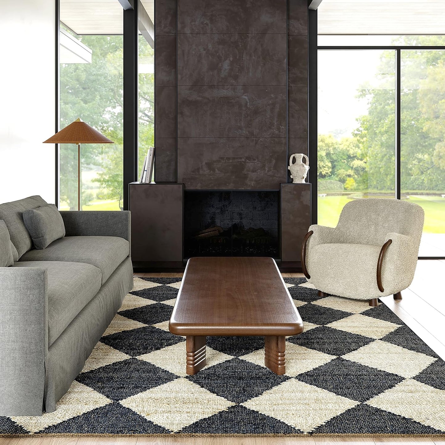 NEW - Rugs USA x Arvin Olano Louie Diamond Checkerboard Jute Area Rug, 5' x 8', Charcoal - Retail $363