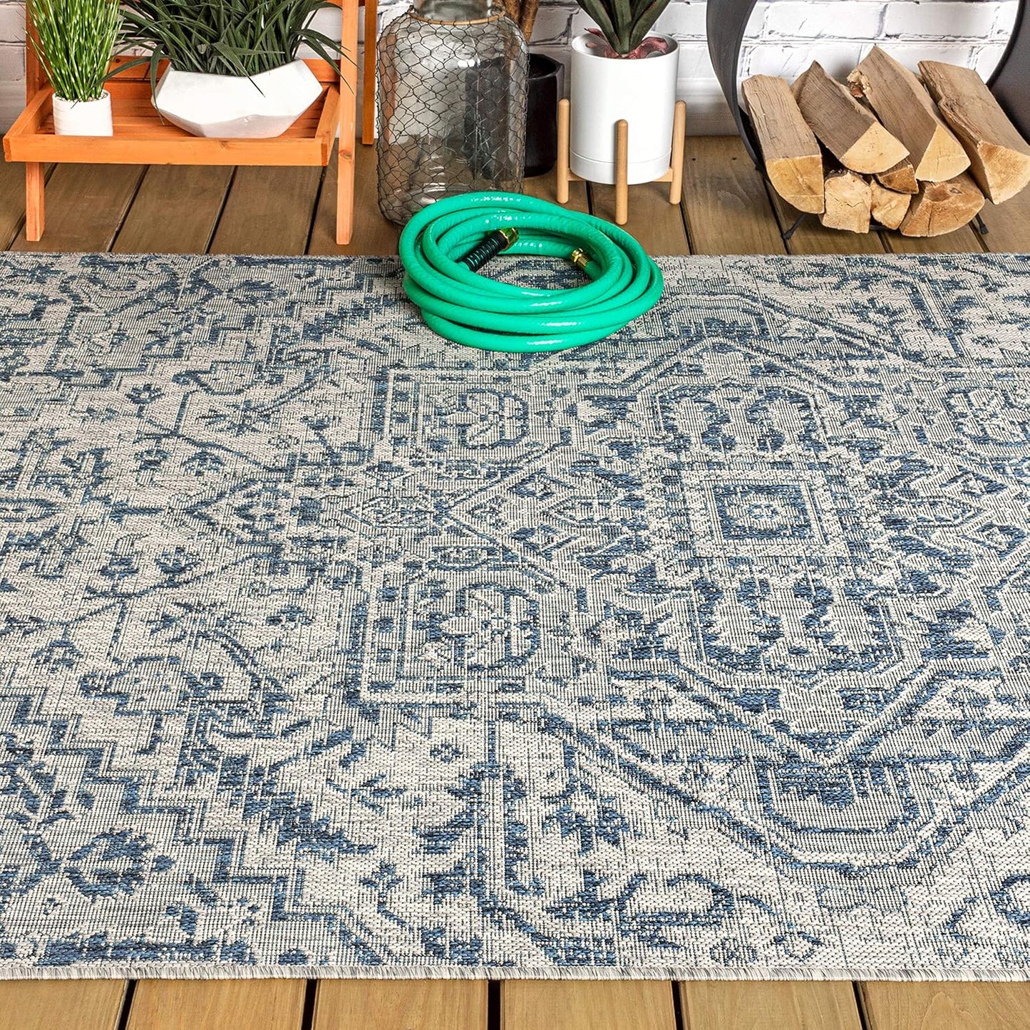 NEW - JONATHAN Y SMB105B-8 Estrella Bohemian Medallion Textured Weave Indoor/Outdoor Navy/Gray 8 ft. x 10 ft. Area Rug Coastal, Easy Cleaning, for High Traffic, Kitchen, Living Room, Backyard, Non Shedding - Retail $104