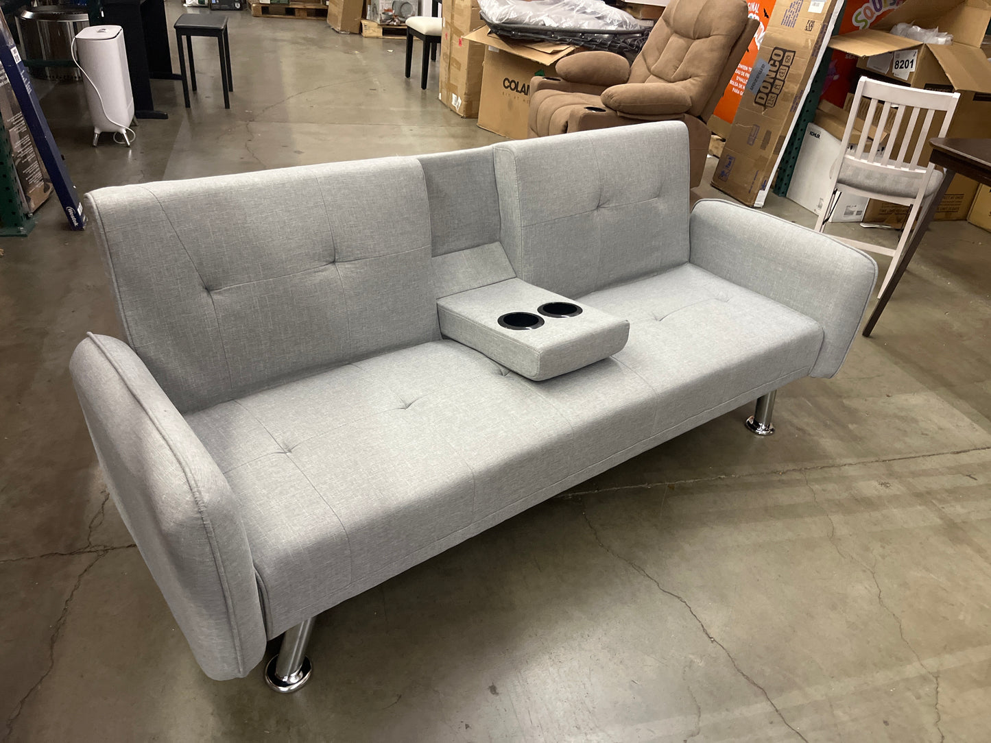 NEW - Grey Adjustable Futon with Cup Holders