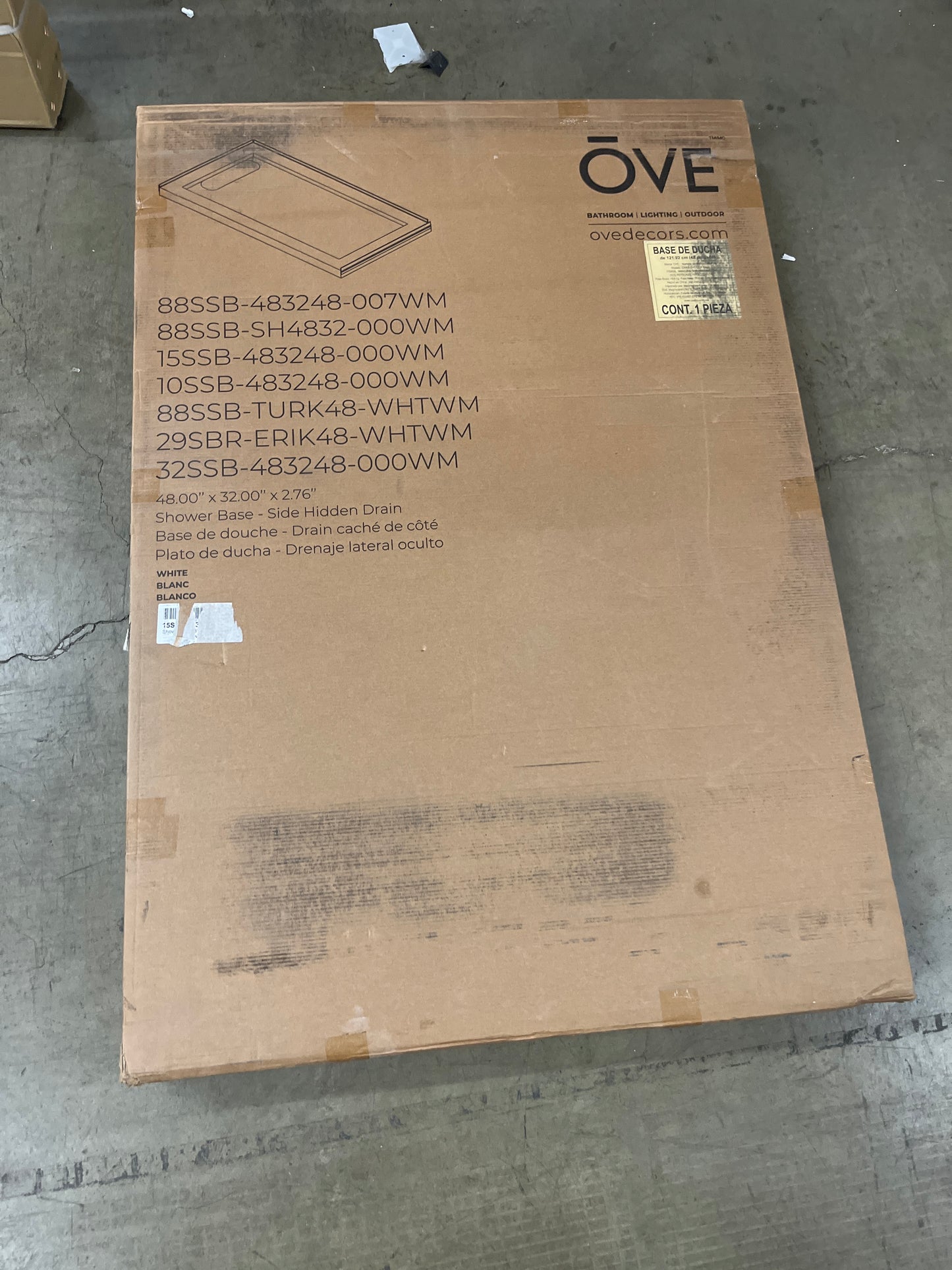 NEW - Ove Decors Erika 48" x 32" Shower Base with Reversible Drain - Retail $250
