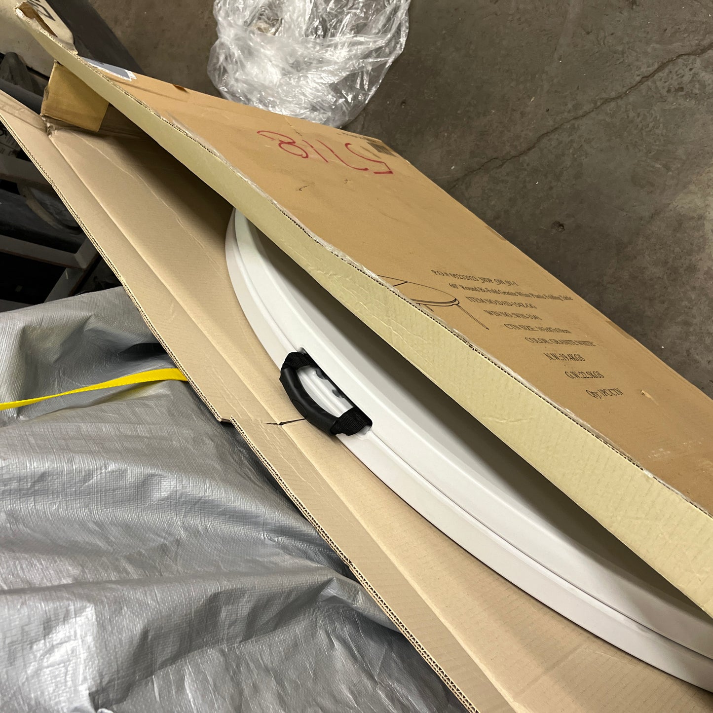 NEW - Flash Furniture Scarborough 5' Round Plastic Folding Event Table with Carrying Handle, Bi-Fold Portable Banquet Table for Indoor/Outdoor Events, White - Retail $147