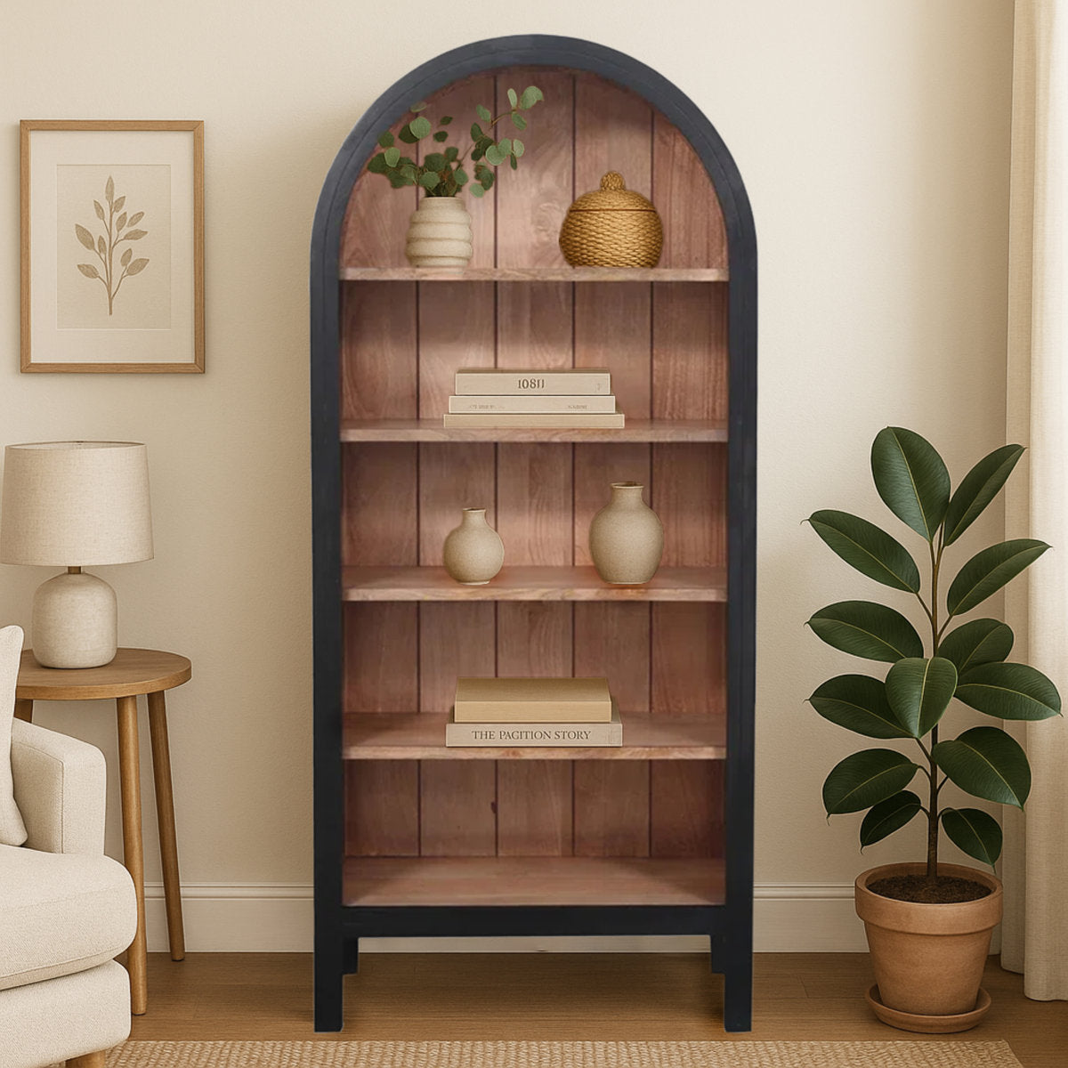 Arvetta Arched Two-Tone Wood Etagere, Black and Natural