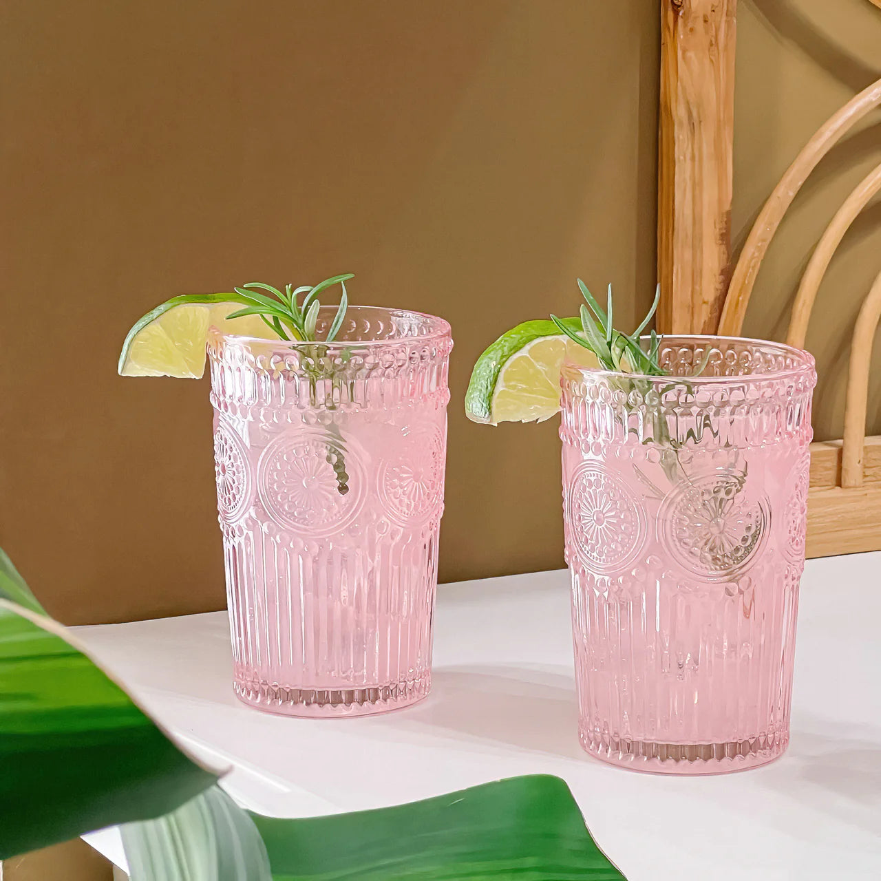 Vintage Textured Pink Striped Drinking Glasses (Set of 6) - 13 oz Ribbed Glassware with Flower Design| Cocktail Set, Juice Glass, Water Cups, Kitchen Glasses