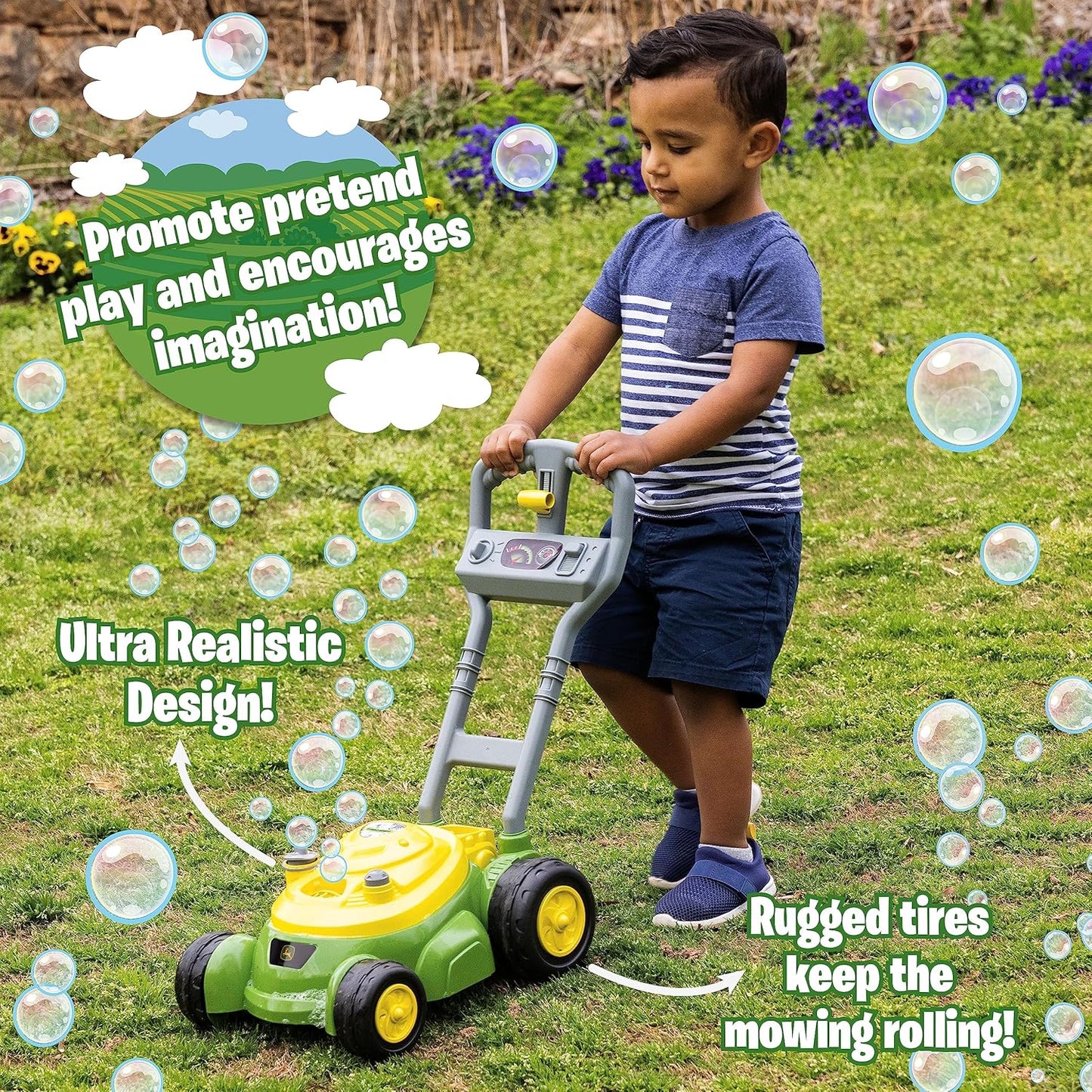 John Deere Bubble Lawn Mower for Toddlers, Bubble Blowing Machines, Indoor and Outdoor Gardening Toy, Birthday, Party Favor for Preschool Girls and Boys, No Batteries Required, 2+