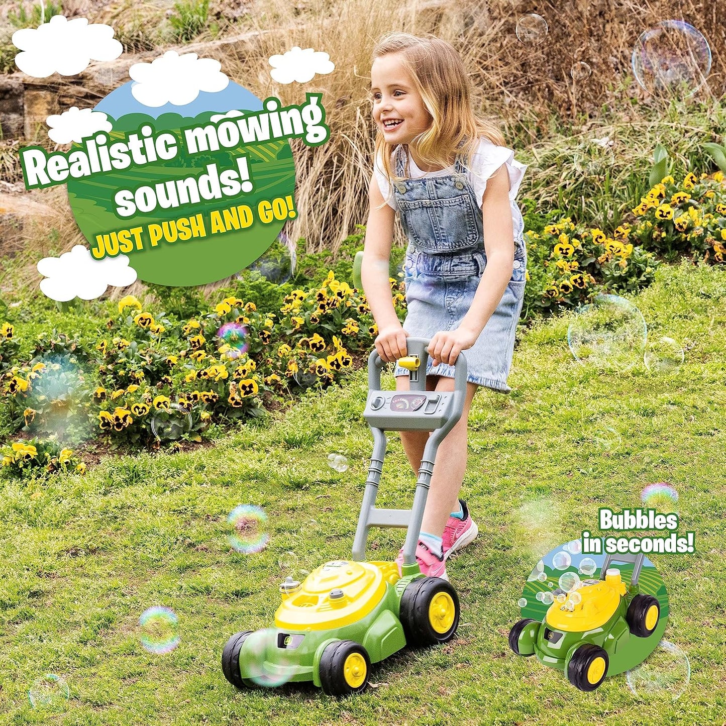 John Deere Bubble Lawn Mower for Toddlers, Bubble Blowing Machines, Indoor and Outdoor Gardening Toy, Birthday, Party Favor for Preschool Girls and Boys, No Batteries Required, 2+