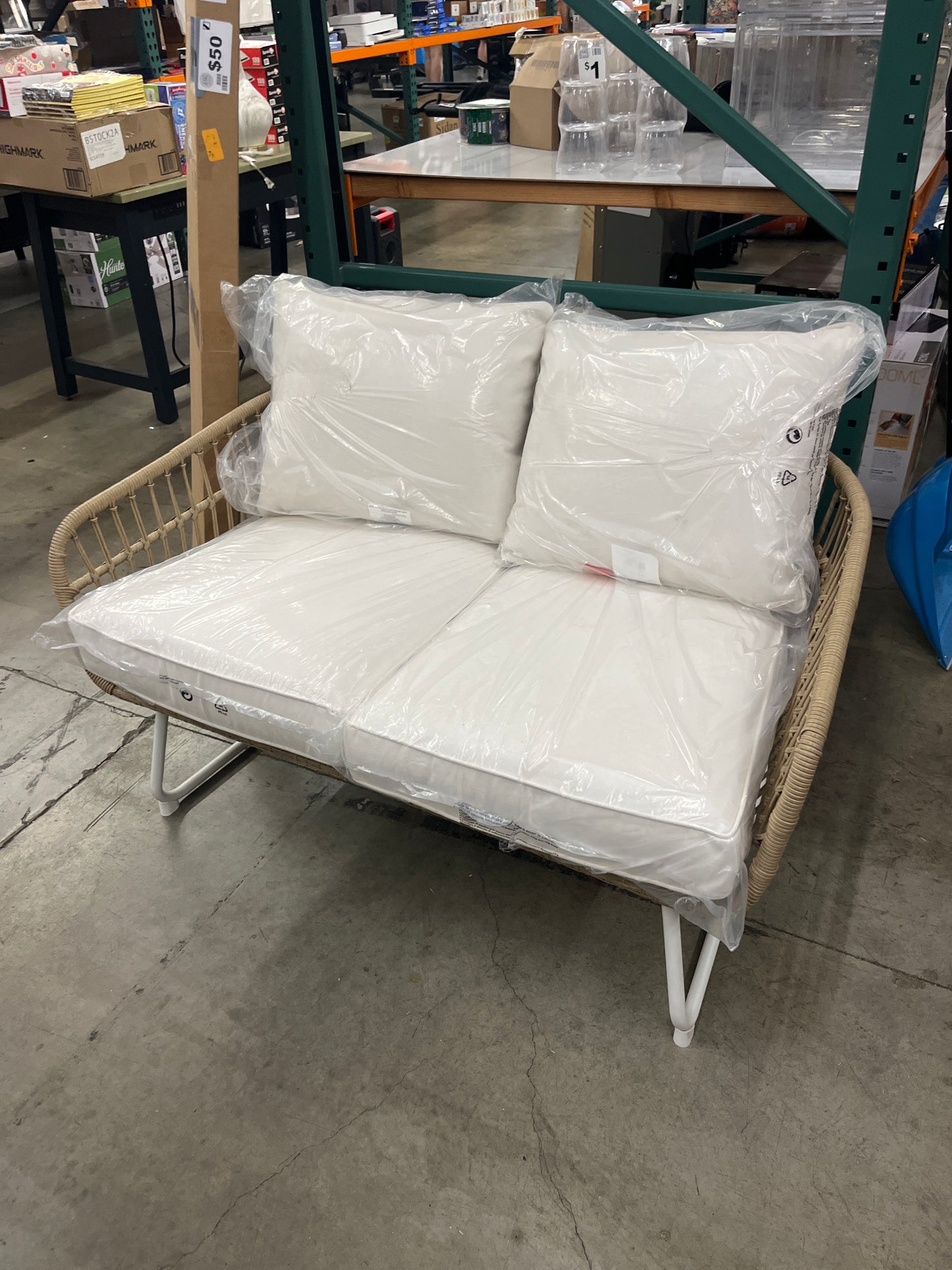 Southport Outdoor Patio Loveseat with Metal Legs - Natural/White - Threshold: Wicker Steel Frame, Weather-Resistant, 2-Seater Couch