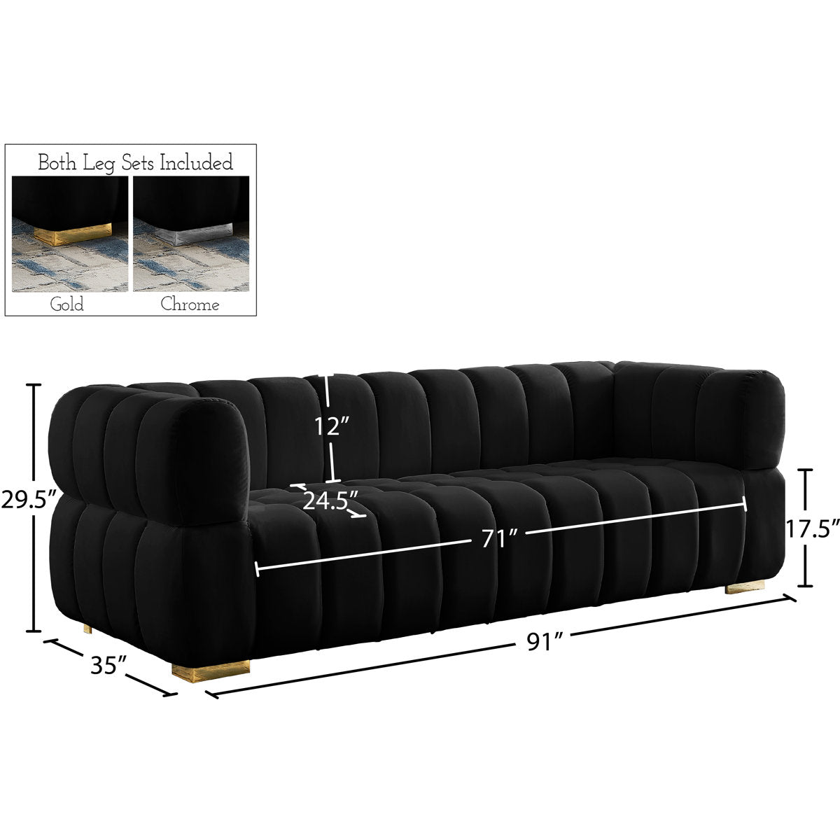 Carlan 91" Velvet Tuxedo Arm Sofa