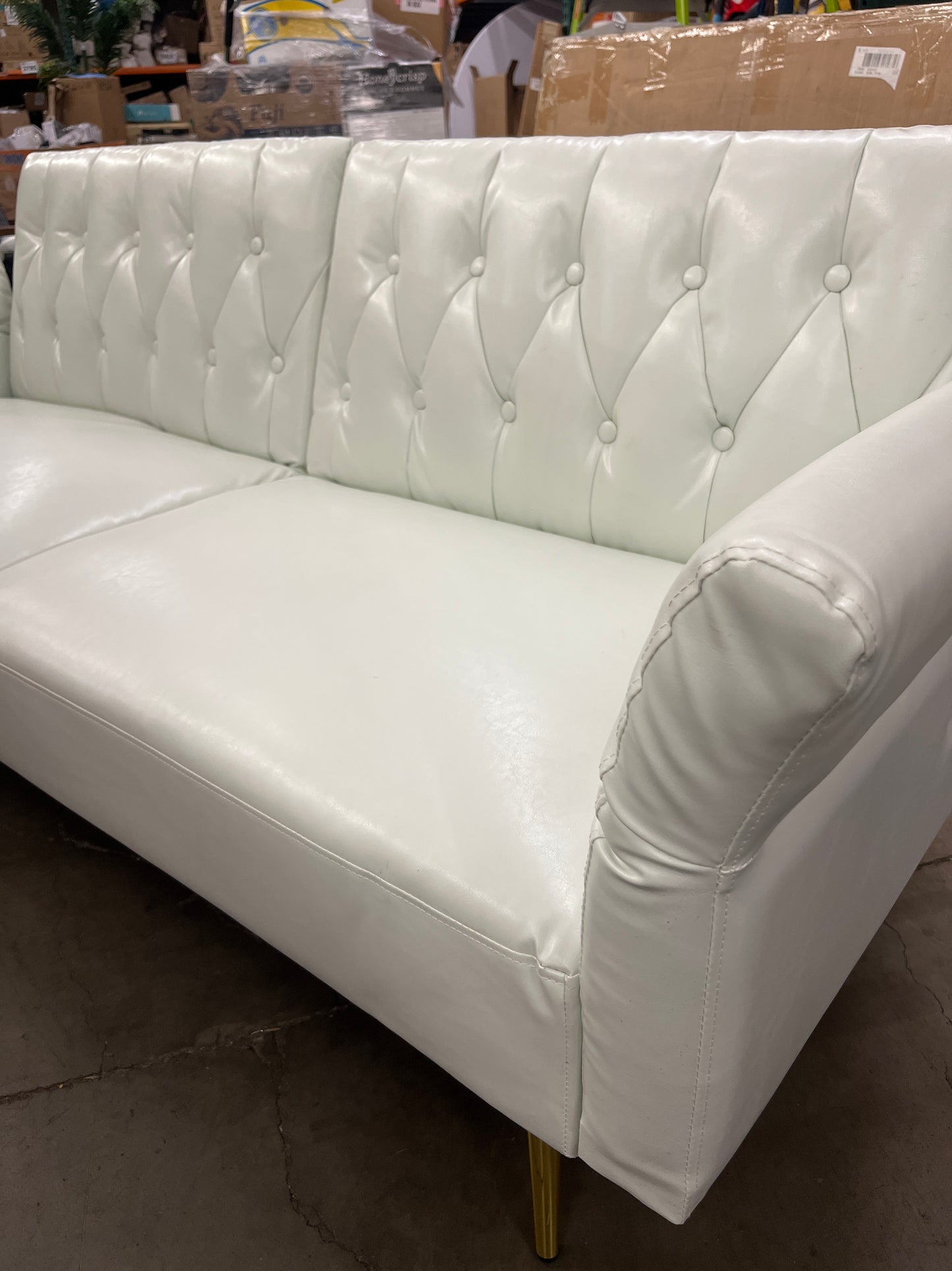 NEW - Elevon Futon Couch, Convertible Futon Sofa Bed, Faux Leather Folding Recliner Sleeper, Modern Lounge Sofa with Adjustable Armrests and Pillow for Living Room, Small Space, Office, Apartment, White - Retail $270