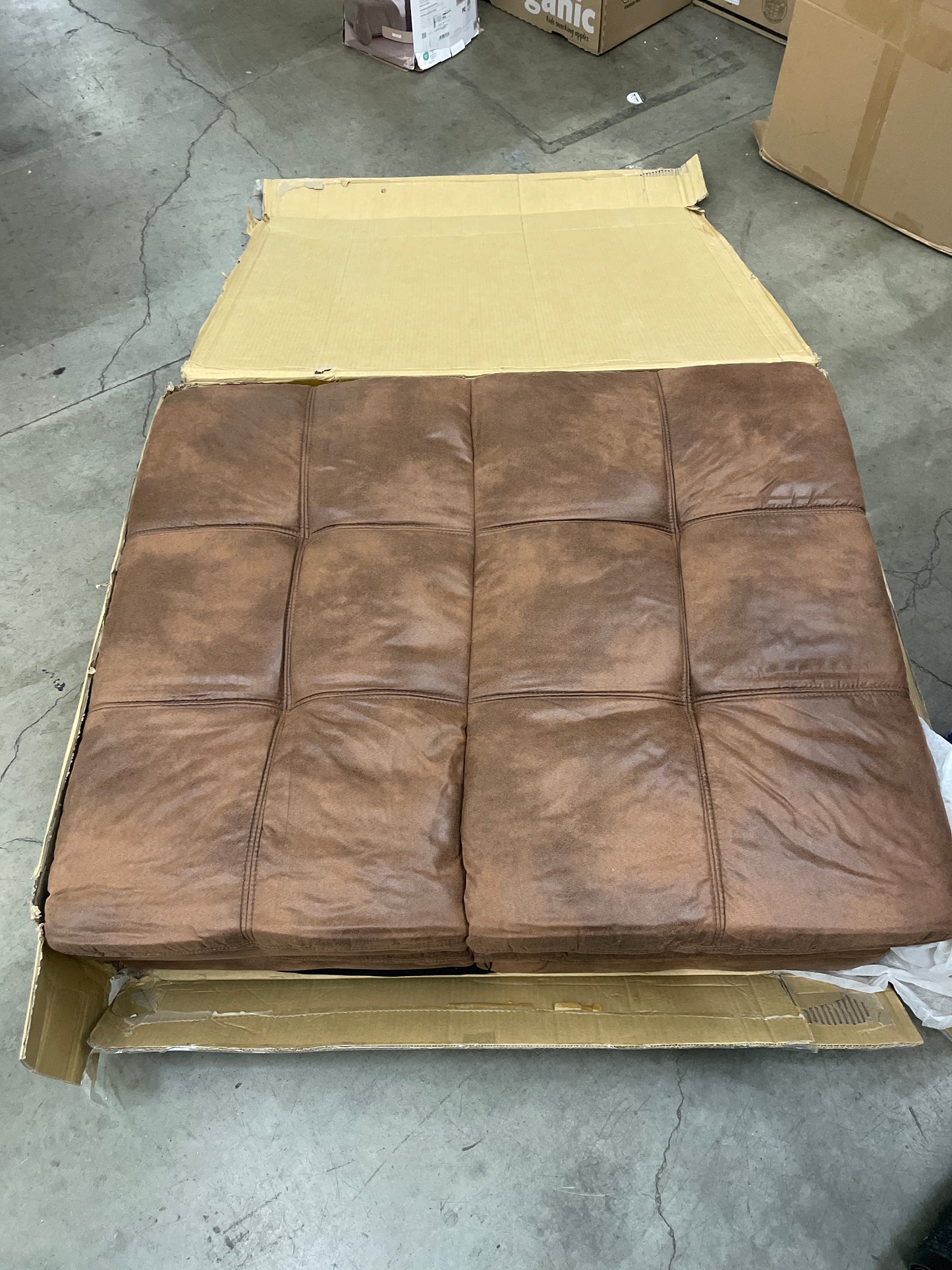 Opoiar Futon Sofa Bed, Memory Foam Couch Bed with Mattress and Frame Included,Comfortable Brown Faxu Leather Loveseat Sleeper Sofa for Dorm Apartment Office College Small Space Bedroom RV Living Room - Retail $381