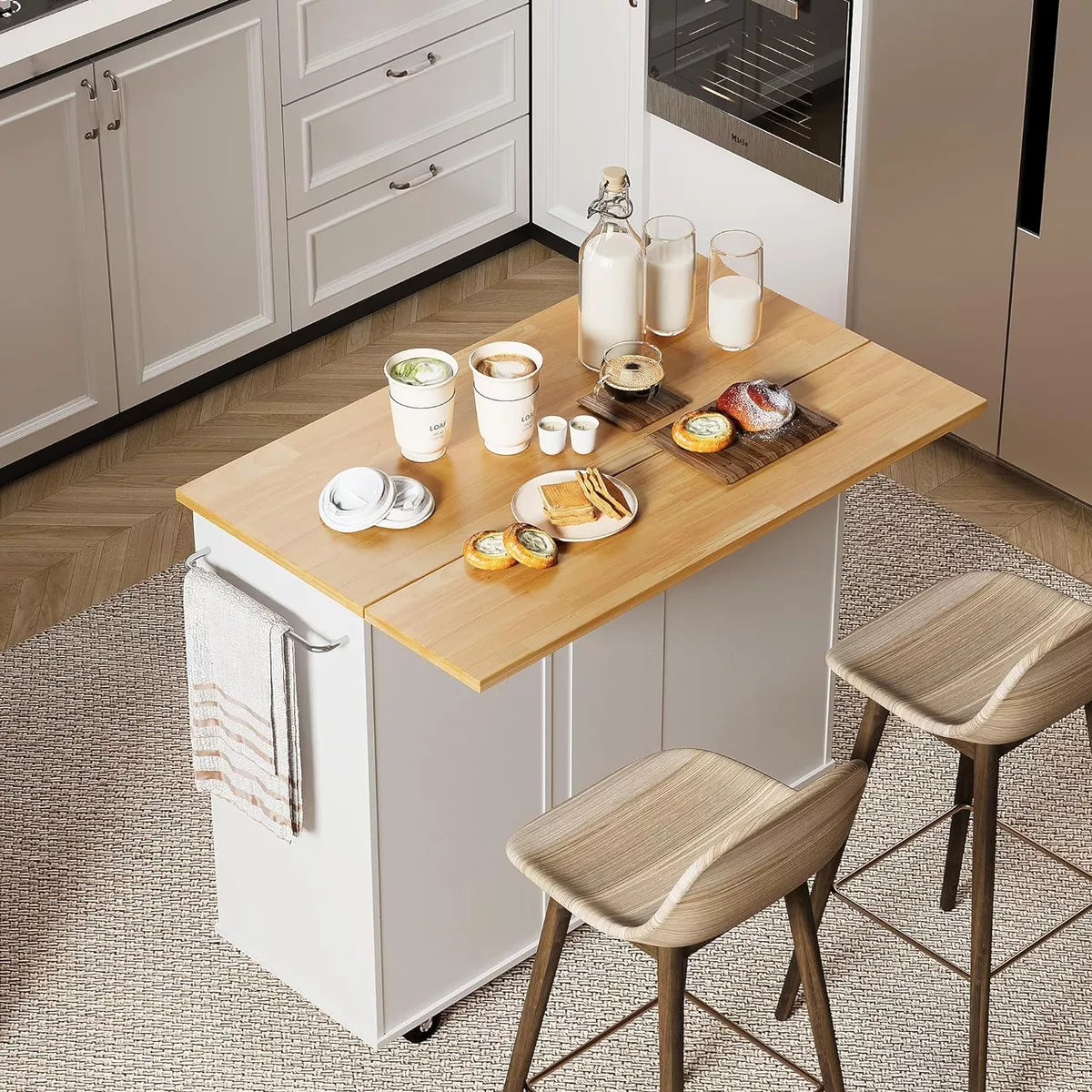 NEW - Shintenchi Rolling Kitchen Island Cart with Folding Drop Leaf Breakfast Bar, Portable Trolley Island with Large Storage Cabinet, Shelf and Drawer, White - Retail $204