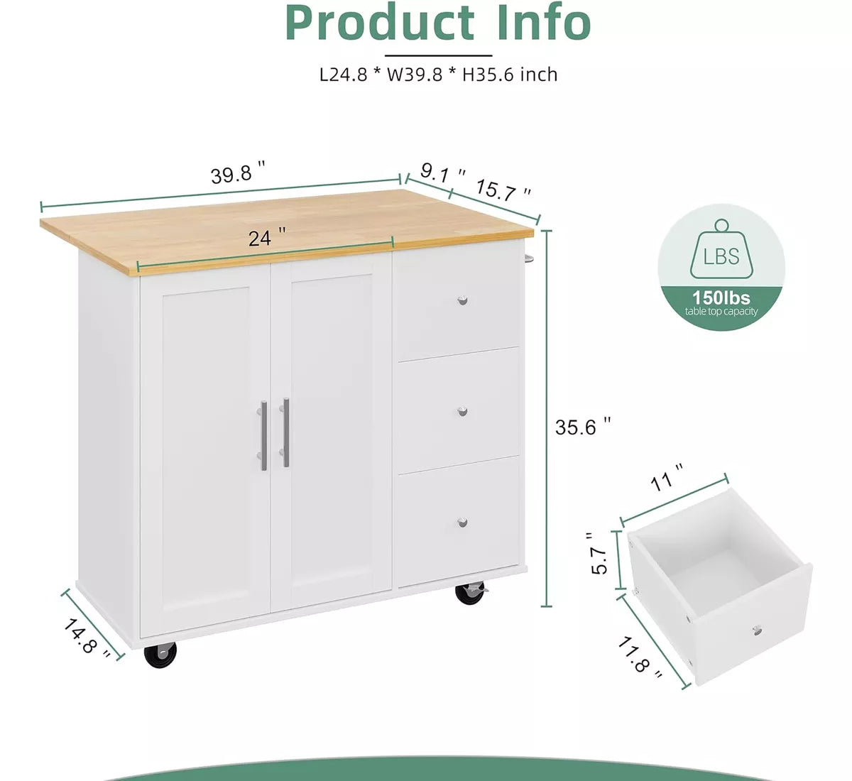 NEW - Shintenchi Rolling Kitchen Island Cart with Folding Drop Leaf Breakfast Bar, Portable Trolley Island with Large Storage Cabinet, Shelf and Drawer, White - Retail $204
