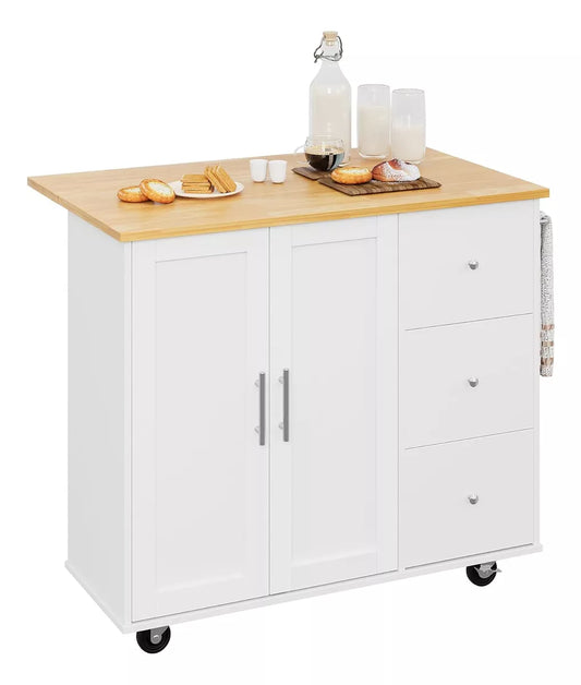 NEW - Shintenchi Rolling Kitchen Island Cart with Folding Drop Leaf Breakfast Bar, Portable Trolley Island with Large Storage Cabinet, Shelf and Drawer, White - Retail $204