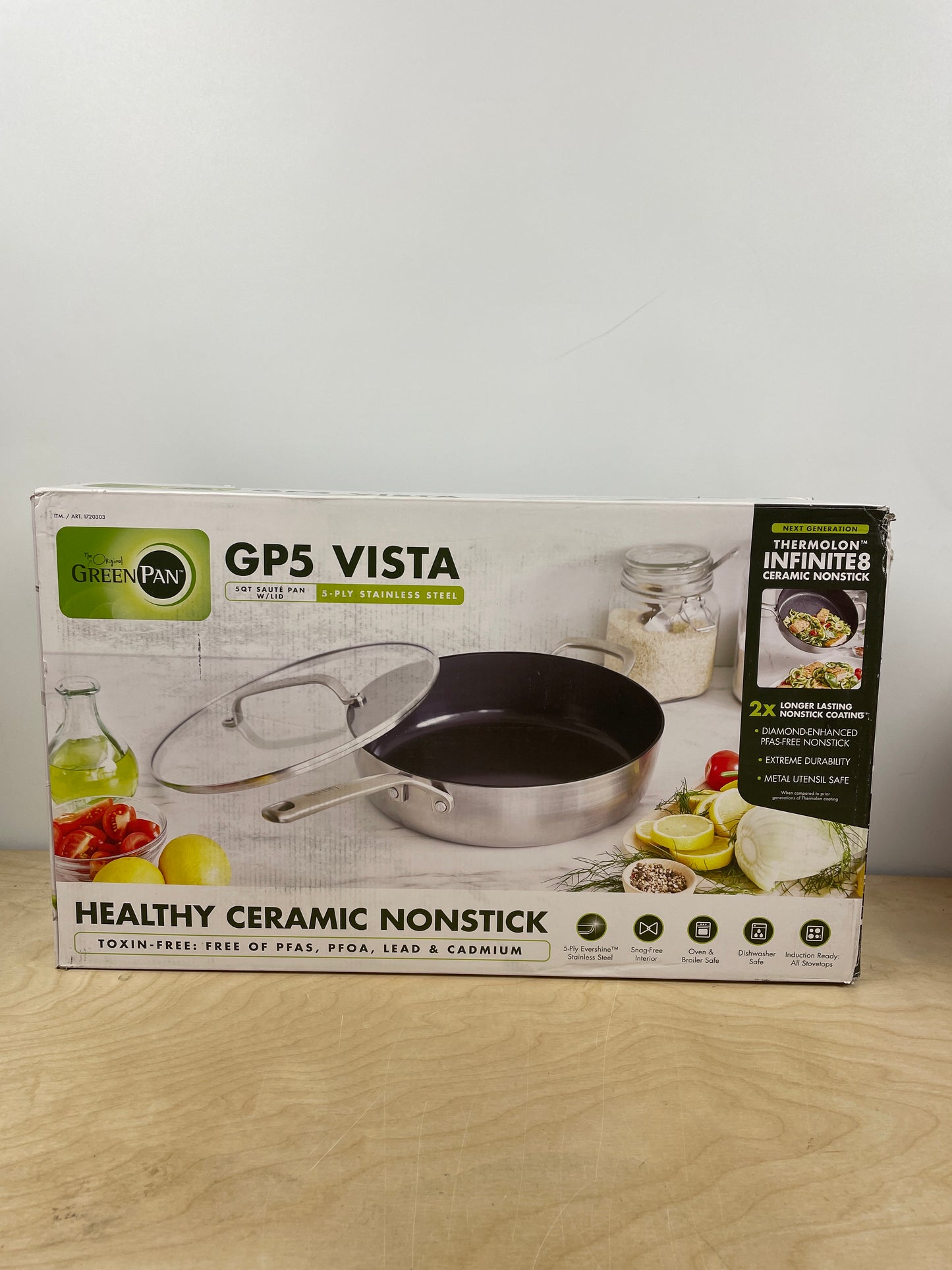 NEW - GreenPan GP5 Vista 5-ply Stainless Steel Ceramic Nonstick 5qt Covered Sauté Pan