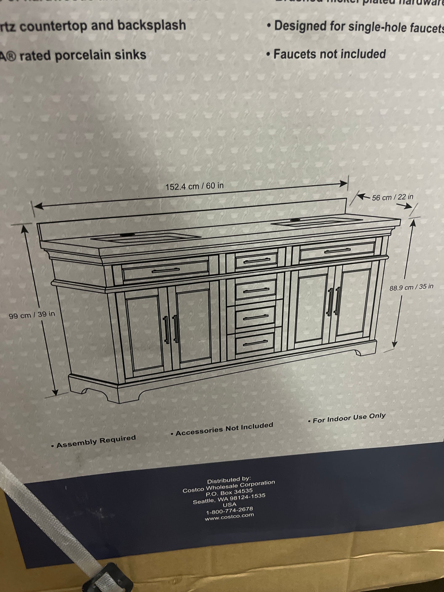 NEW - Costco Mission Hills 60” Gary Double Sink Vanity with Quartz Top - Retail $1099
