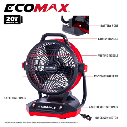 Ecomax 12" AC/DC 2-Speed Misting Fan for Bucket and Garden Hose