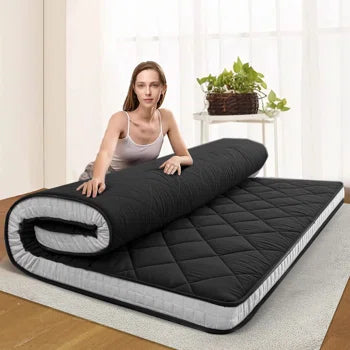 MAXYOYO QUEEN Diamond Patterned Futon Mattress, Extra Thick Japanese Floor Mattress Quilted Mattress Topper, Folding Floor Lounger Guest Bed Padded Sleeping Pad for Touring Car Camping, Black - Retail $157