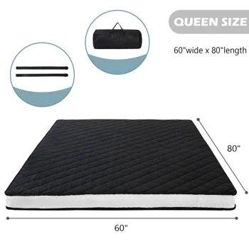 MAXYOYO QUEEN Diamond Patterned Futon Mattress, Extra Thick Japanese Floor Mattress Quilted Mattress Topper, Folding Floor Lounger Guest Bed Padded Sleeping Pad for Touring Car Camping, Black - Retail $157