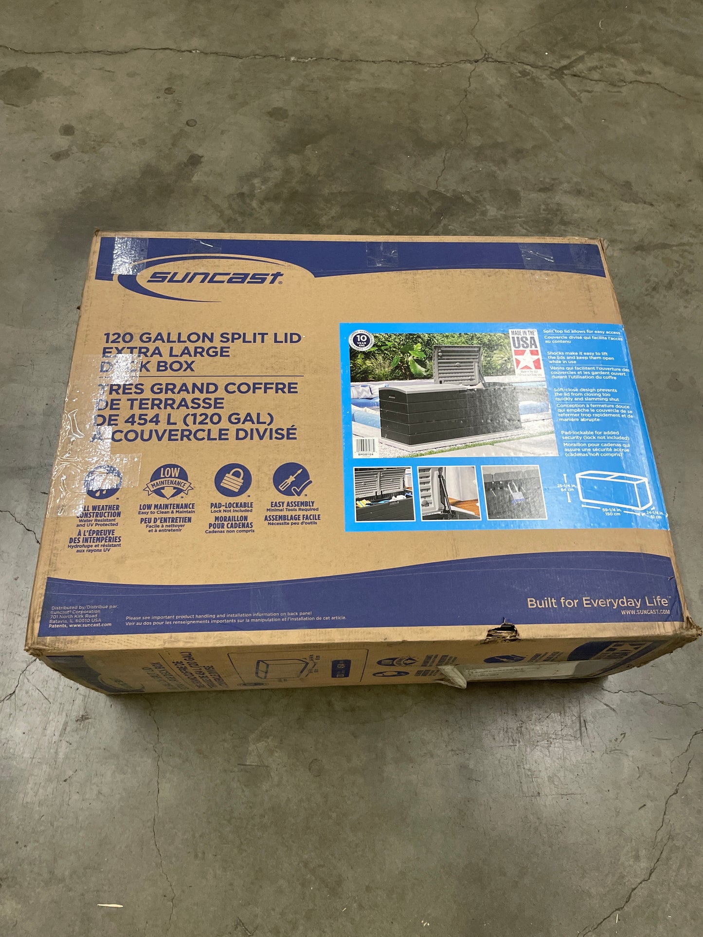 NEW - Suncast 120 Gallon Split Lid Extra Large Deck Box - Retail $160