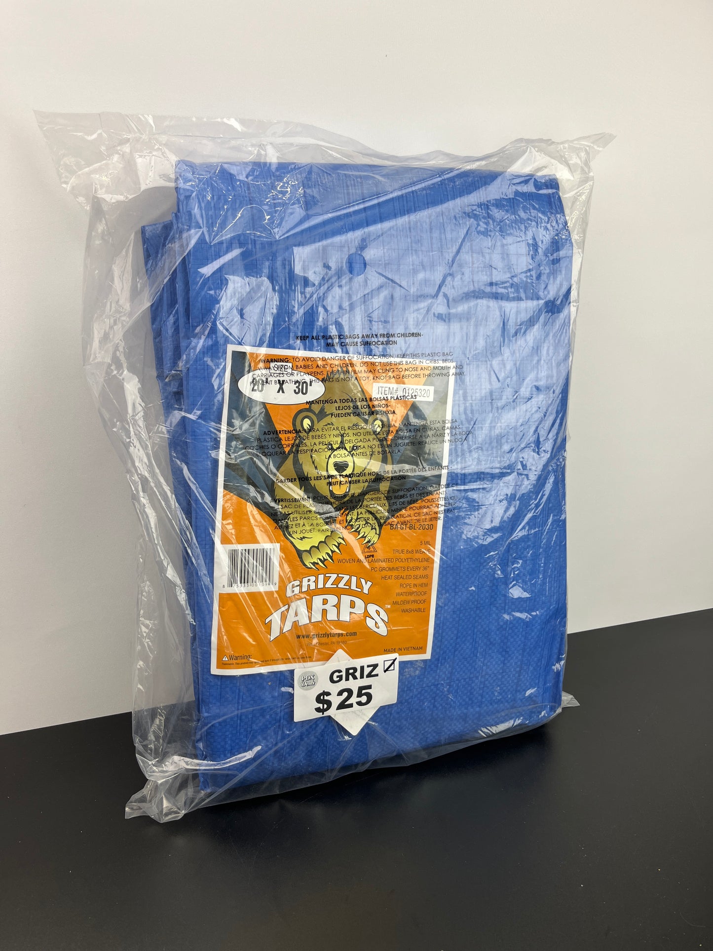 NEW - Grizzly Tarps by B-Air 20in x 30in Large Multi-Purpose Waterproof Heavy Duty Poly Tarp with Grommets Every 36in, 8x8 Weave, 5 Mil Thick, for Home, Boats, Cars, Camping, Protective Cover, Blue - Retail $49
