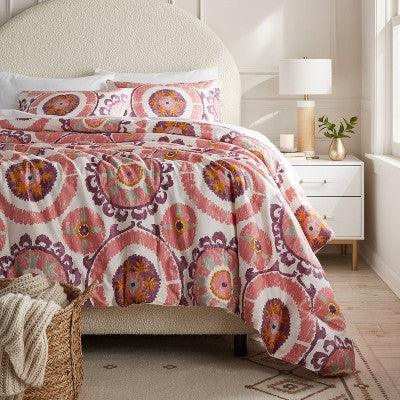 Full/Queen Suzani Print Comforter and Sham Set Ivory/Salmon Orange/Plum Red/Mustard
