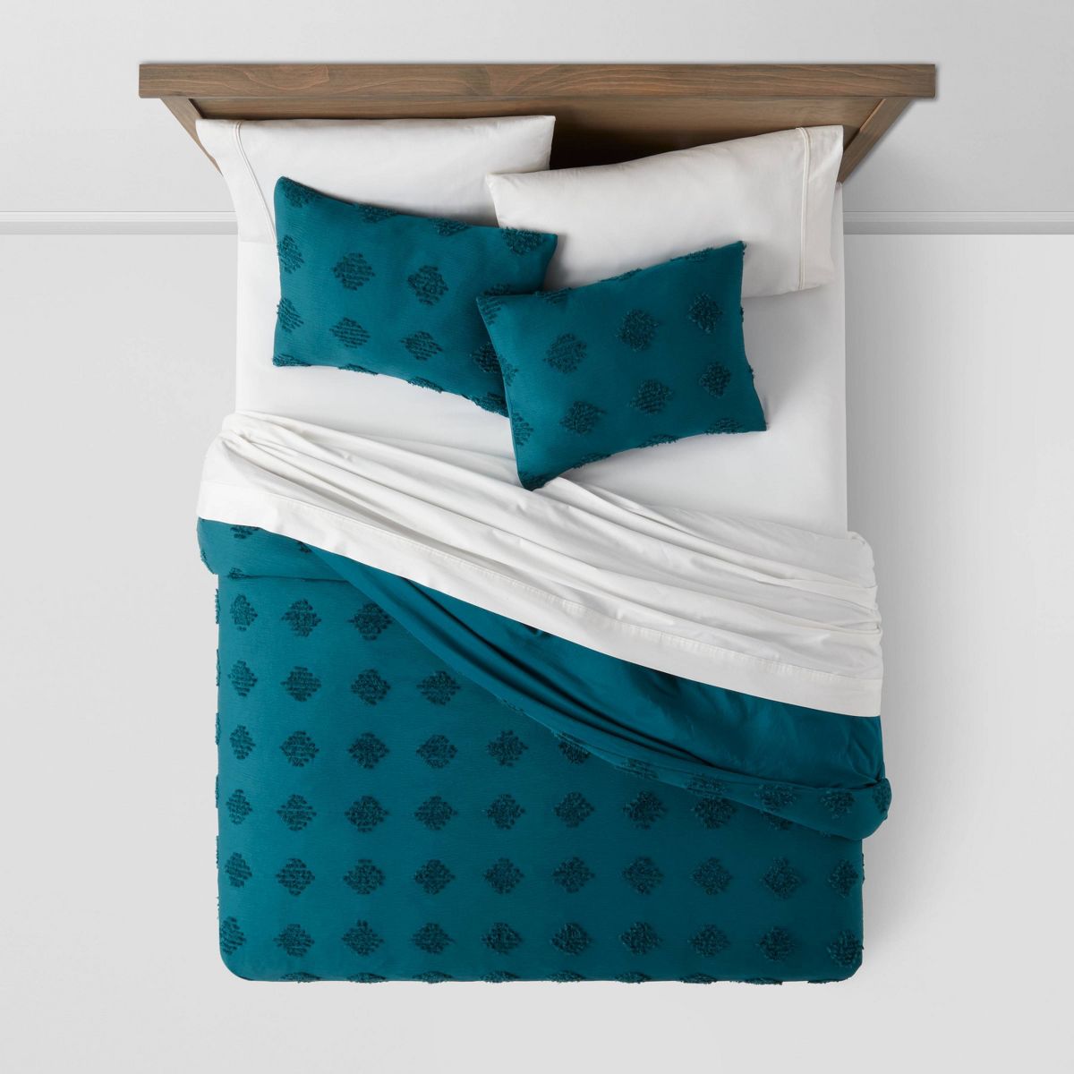 Full/Queen Tufted Diamond Crinkle Duvet Cover and Sham Set Dark Teal Blue - Threshold