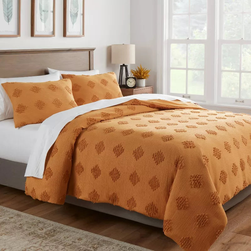 King Tufted Diamond Crinkle Duvet Cover and Sham Set Dark Gold