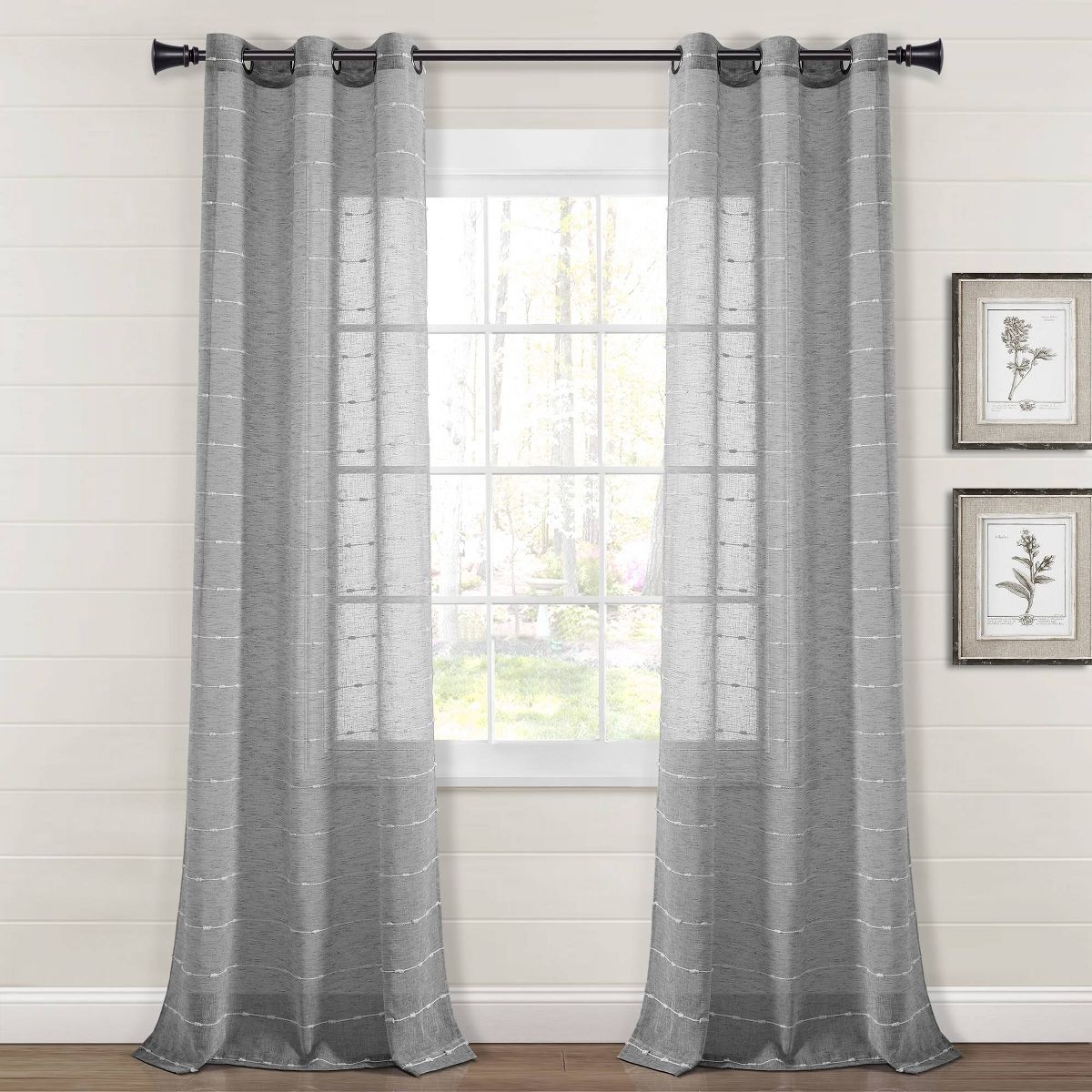 Set of 2 (120"x38") Farmhouse Textured Grommet Sheer Window Curtain Panels Dark Gray - Lush Décor: Polyester, Stripe