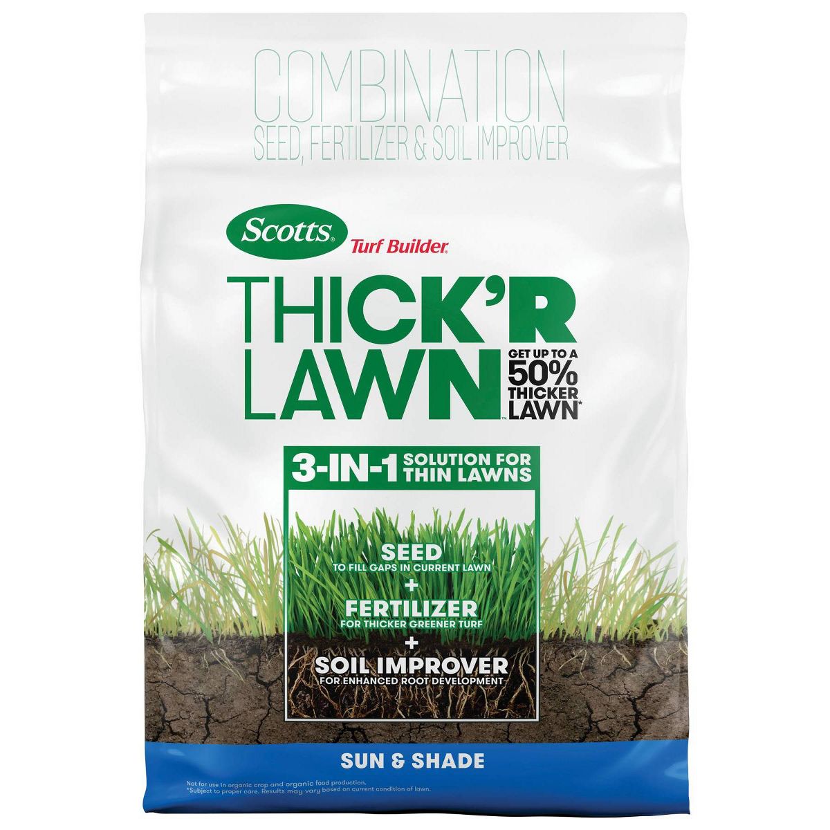 Scotts 3-in-1 Thick'R Lawn Sun & Shade Soil: Soil Improver, Seed, Fertilizer, 50% Thicker Lawn