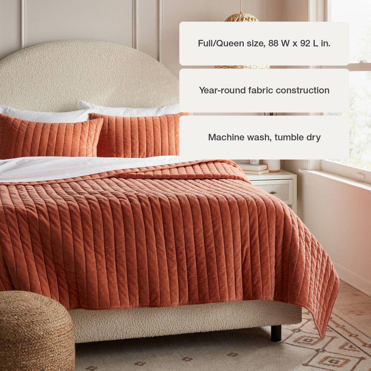 King Channel Stitch Velvet Quilt Light Terracotta - Threshold™: OEKO-TEX Certified, Cotton Backing, Year-Round Comfort