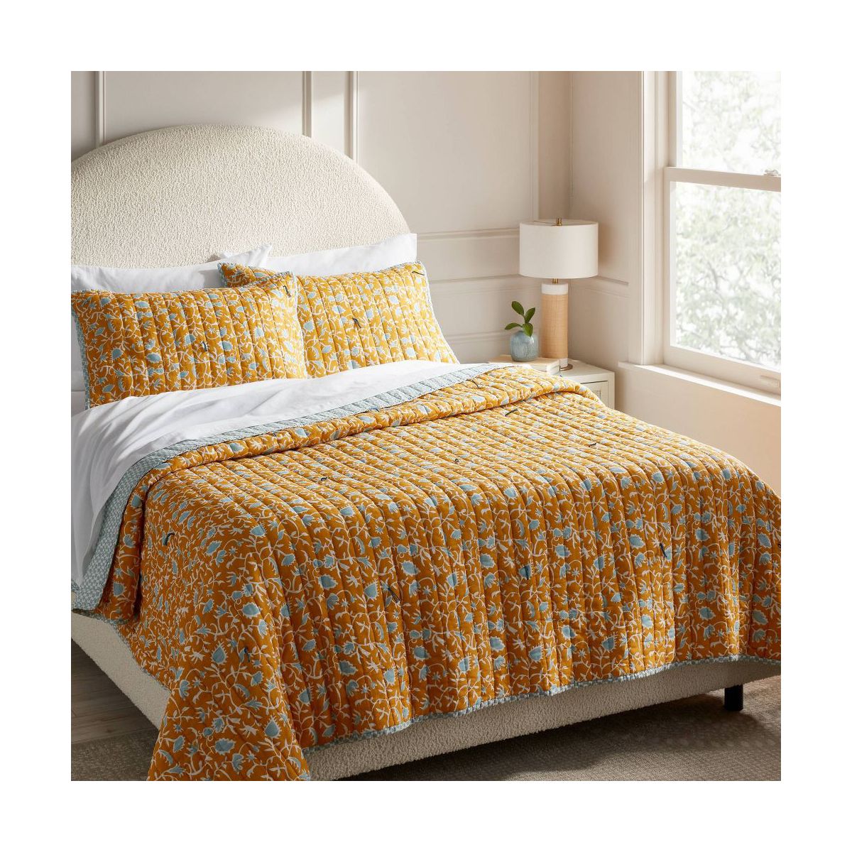 Full/Queen Earthy Vines Quilt Mustard Yellow/Teal Blue - Threshold: Voile, Botanical Pattern, Machine Washable