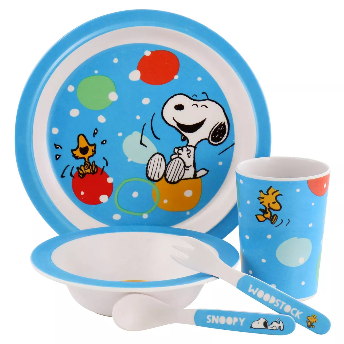 NEW - Peanuts Fun Times 5 Piece Kid's Bamboo Melamine Dinnerware Set in Blue