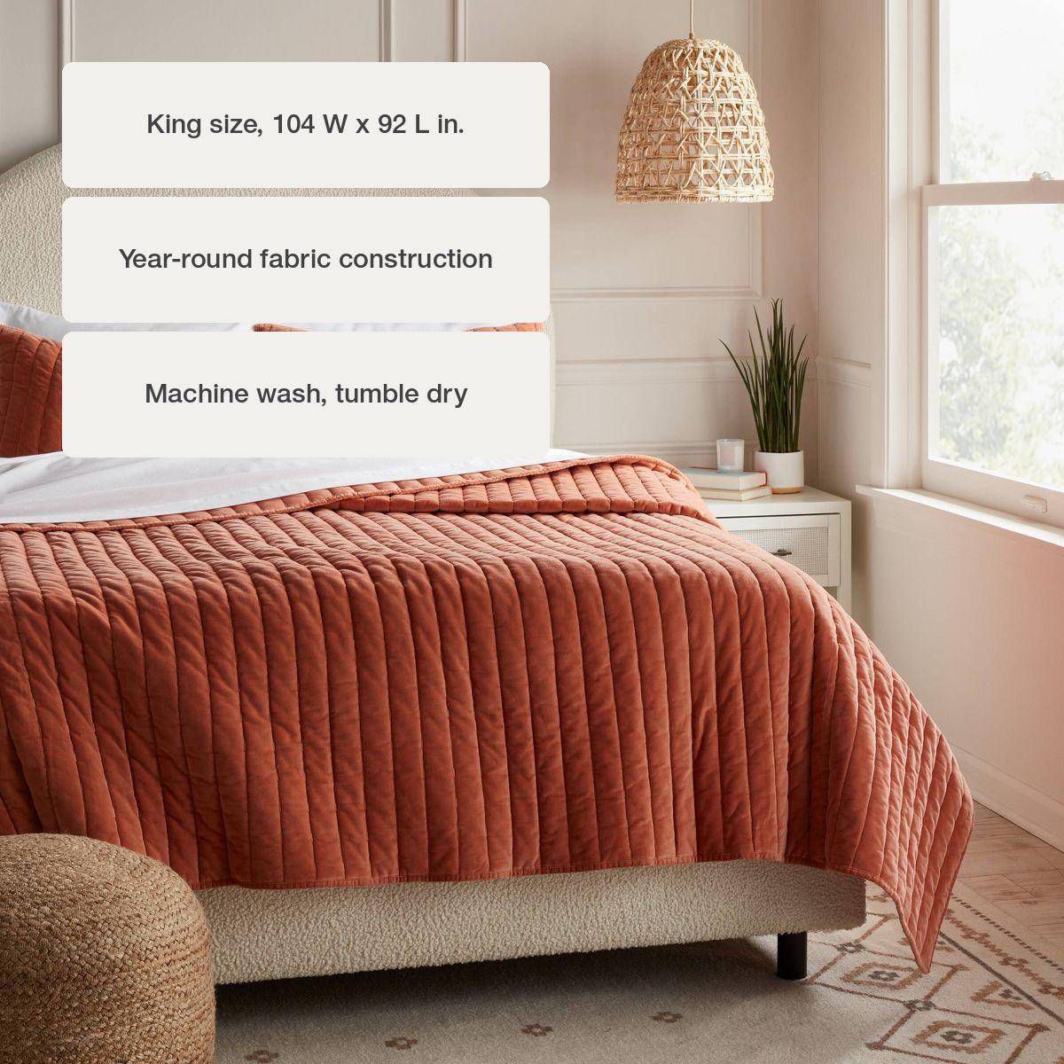 King Channel Stitch Velvet Quilt Light Terracotta - Threshold™: OEKO-TEX Certified, Cotton Backing, Year-Round Comfort