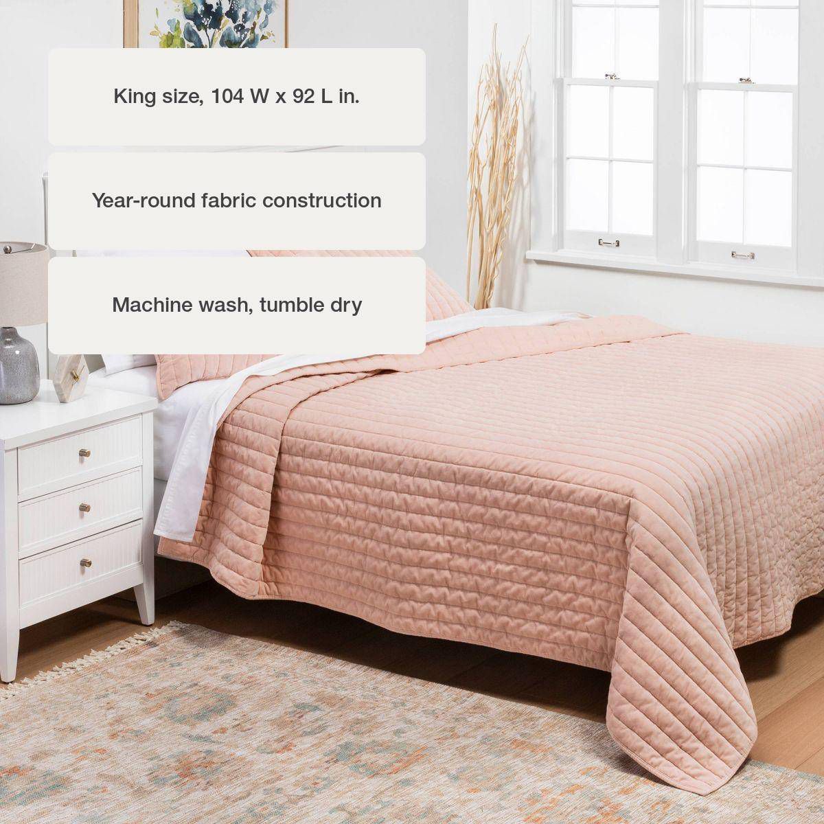 King Channel Stitch Velvet Quilt Soft Blush - Threshold™: Cotton Backing, Year Round Comfort, Machine Washable