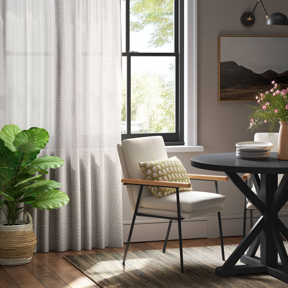 54"x63" Light Filtering Printed Farrah Curtain Panel Off White - Threshold™: Botanical Floral Rod Pocket, UV Protection
