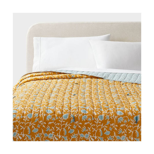 Full/Queen Earthy Vines Quilt Mustard Yellow/Teal Blue - Threshold: Voile, Botanical Pattern, Machine Washable