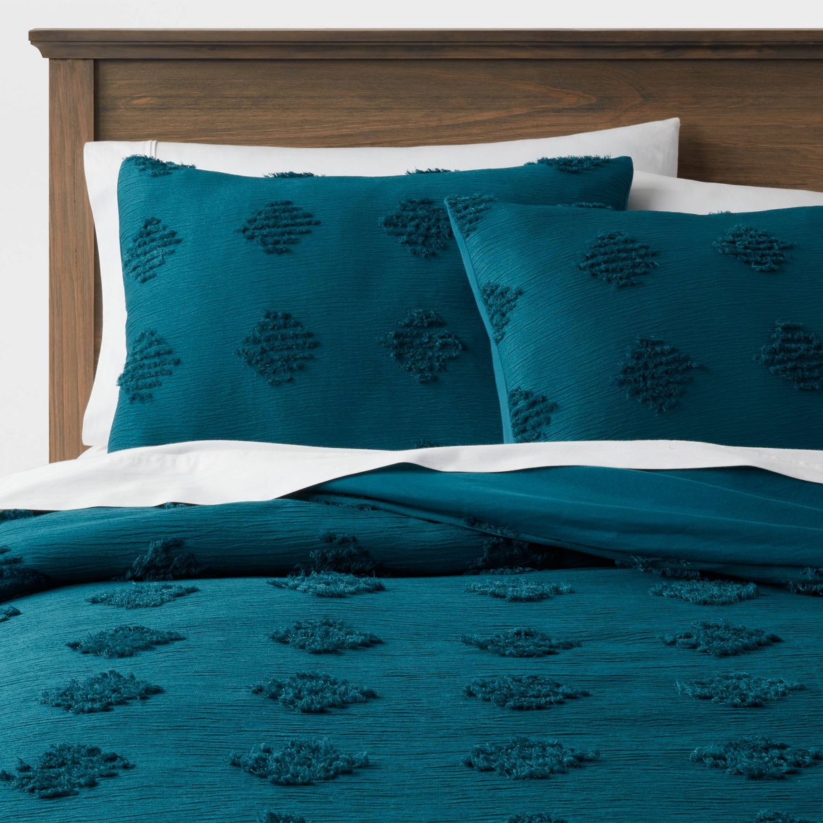 King Tufted Diamond Crinkle Duvet Cover and Sham Set Dark Teal Blue - Threshold™: Polyester, OEKO-TEX Certified