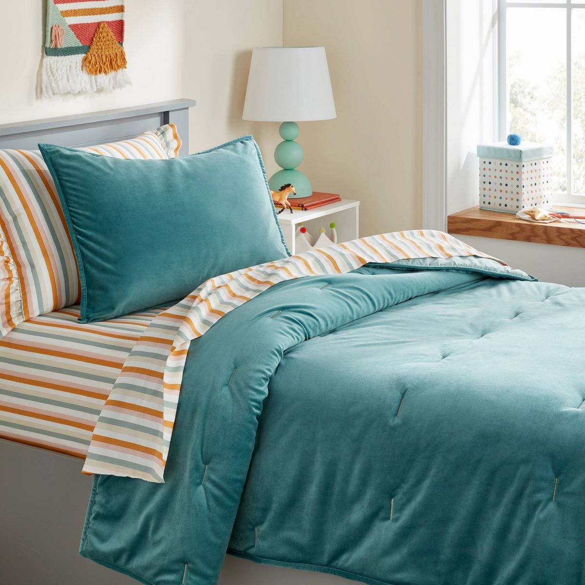 Twin Velvet Kids' Quilt Twilight Green - Pillowfort™: OEKO-TEX Certified, Polyester, Twin Bedding for Teens & Kids