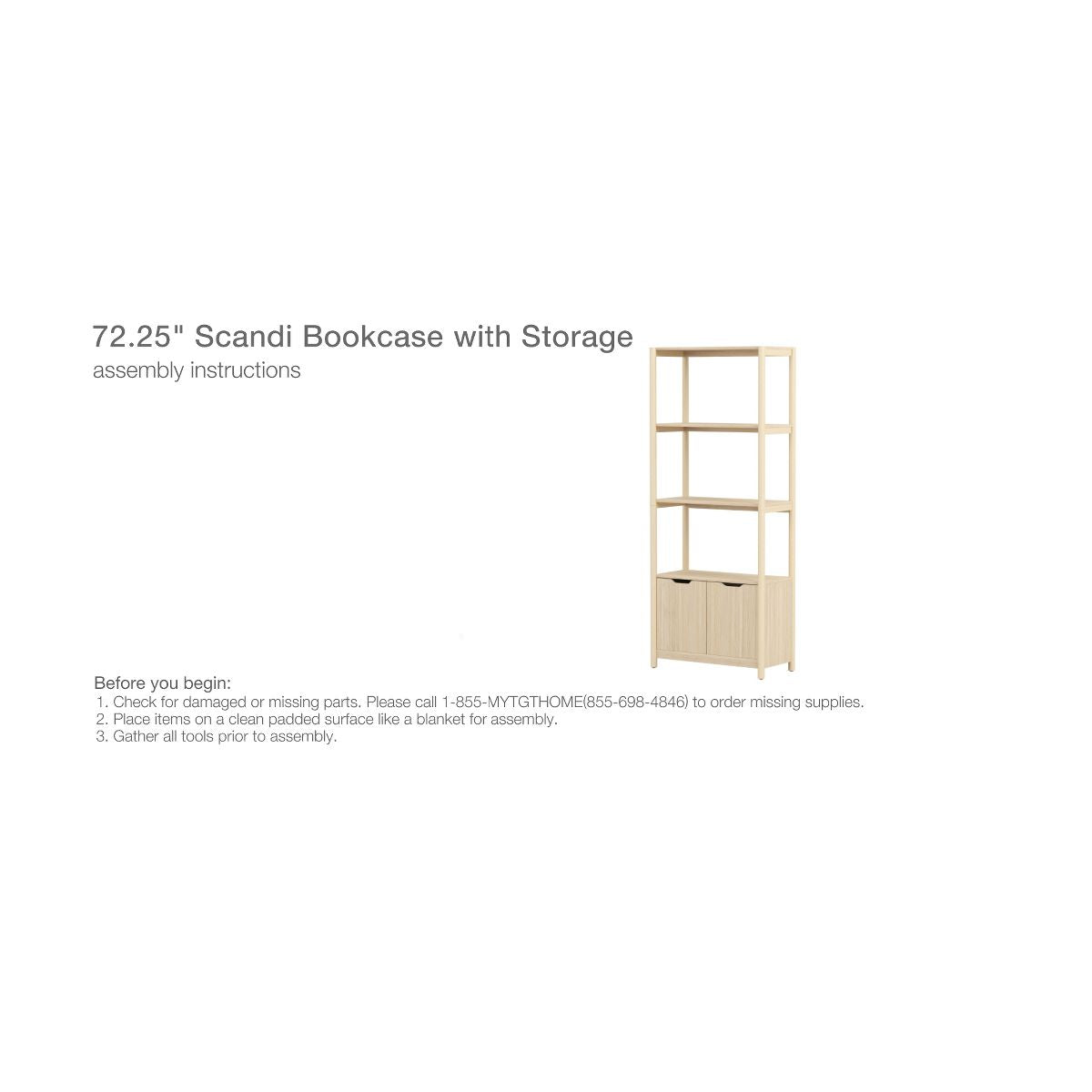 72.25" Scandi Bookcase with Three Shelves And Cabinet Storage Natural - Room Essentials™