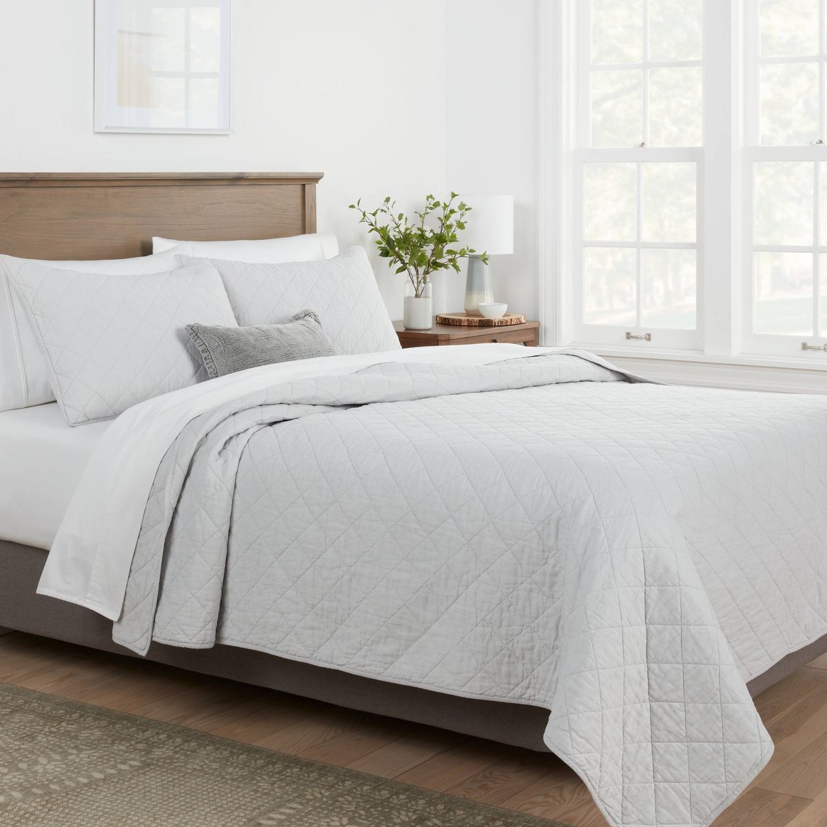 Full/Queen Diamond Stitch Cotton Linen Quilt Light Gray - Threshold™: OEKO-TEX Certified, Midweight Coverlet
