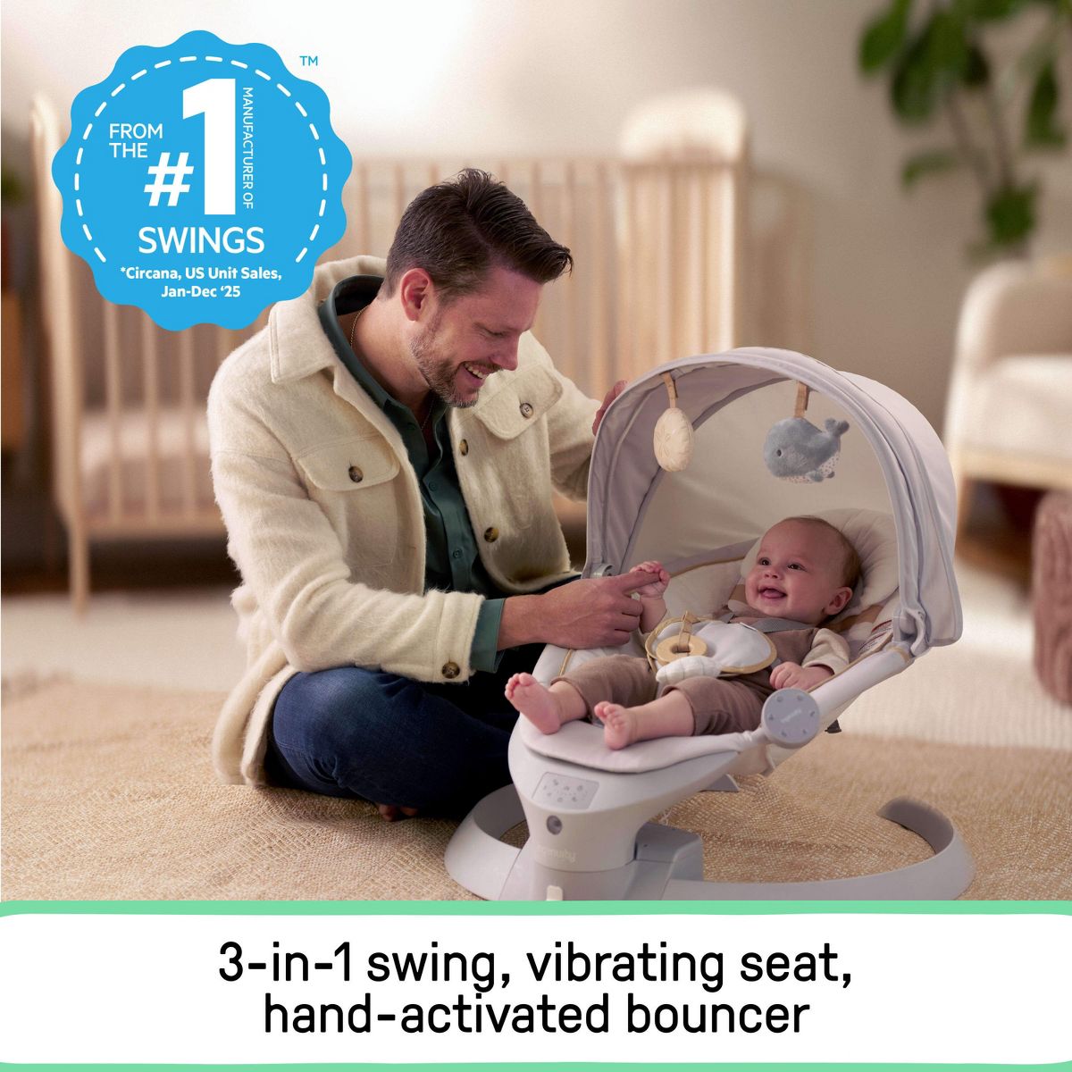 Ingenuity Inlighten 3-in-1 Bounce & Sway Baby Swing with Bluetooth & Canopy - Pebble Shore