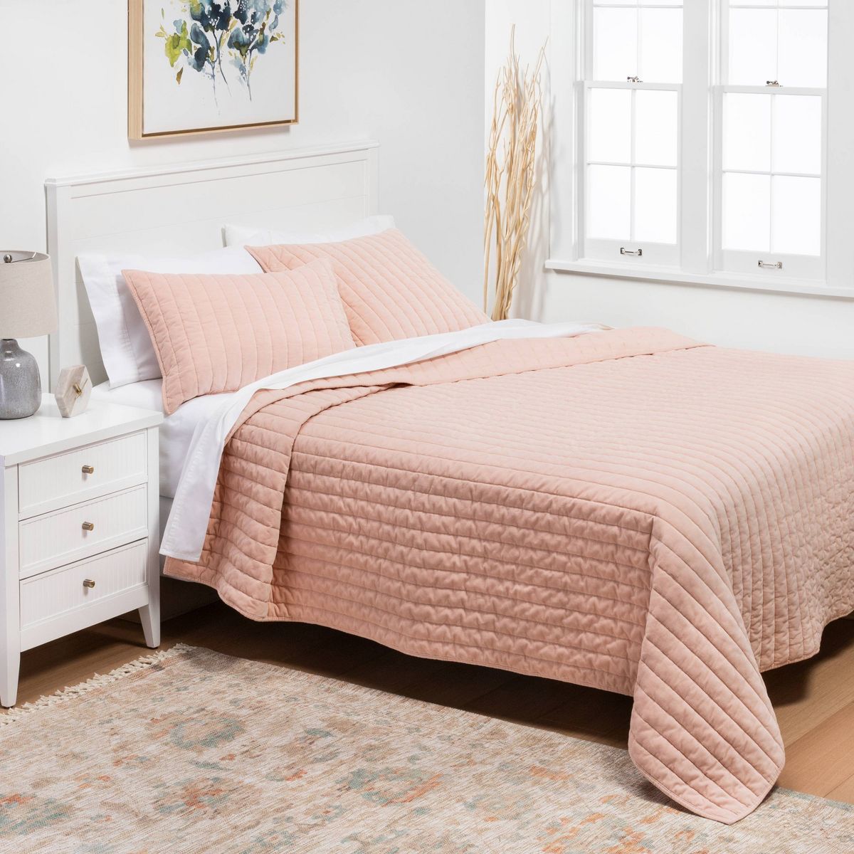 King Channel Stitch Velvet Quilt Soft Blush - Threshold™: Cotton Backing, Year Round Comfort, Machine Washable