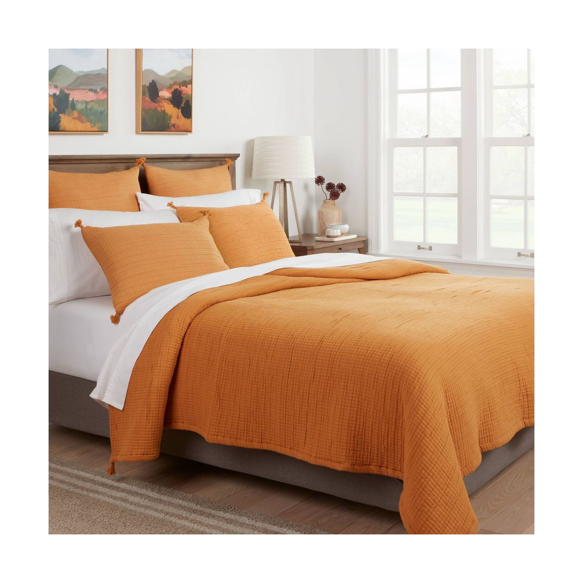 Full/Queen Double Cloth Quilt Mustard - Threshold: Cotton Blend Jacquard Weave OEKO-TEX Certified