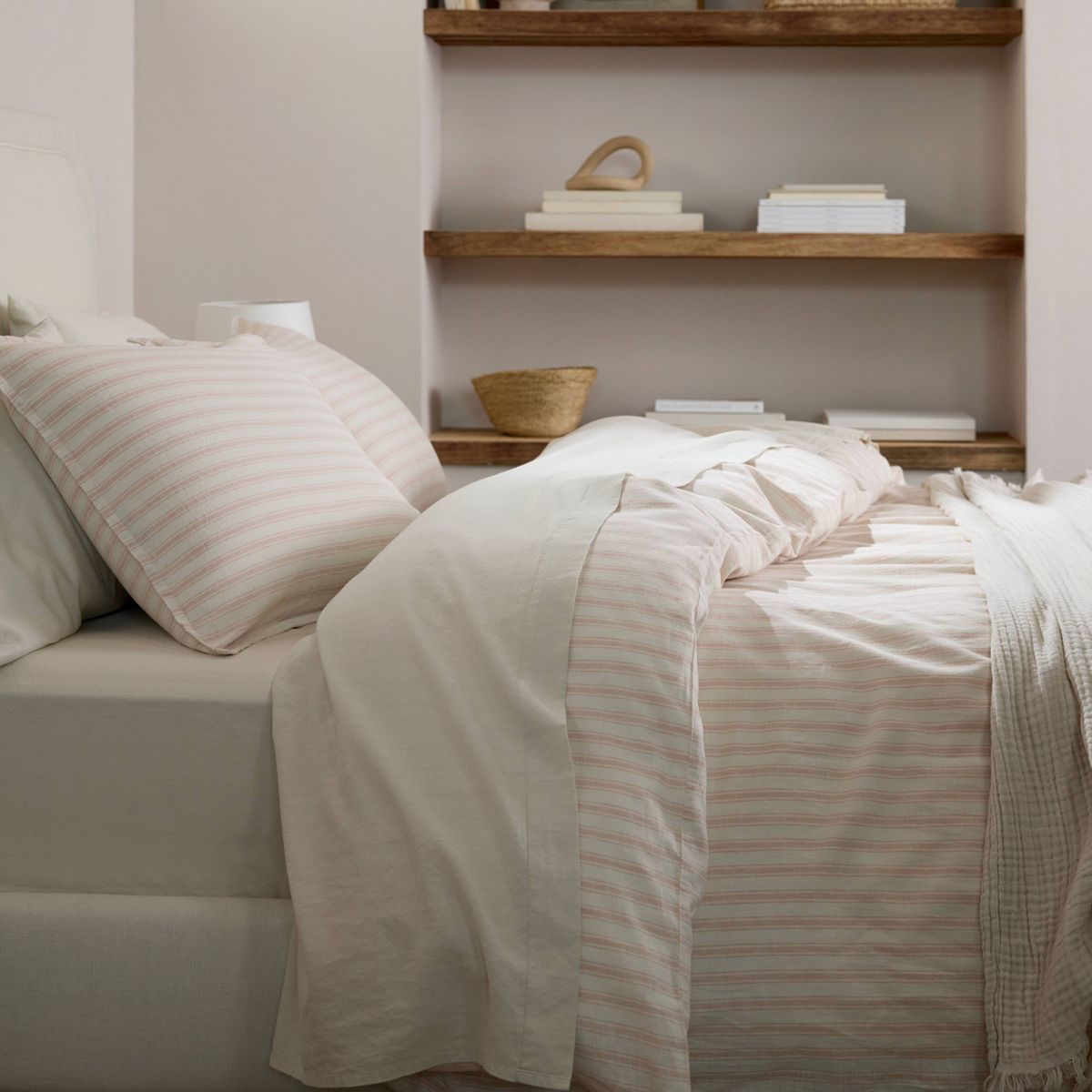 King/California King Relaxed Linen Stripe Duvet Cover & Sham Set Petal & Parchment - Parachute for Target