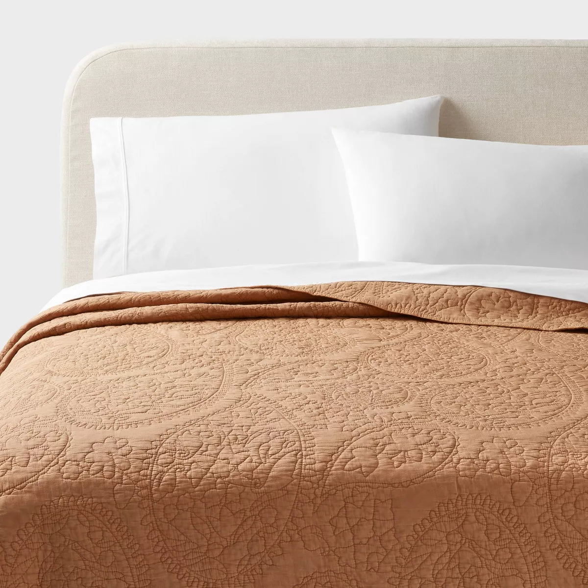 King Garment Washed Paisley Stitch Quilt Camel : Microfiber Coverlet, Year Round Comfort, OEKO-TEX Certified